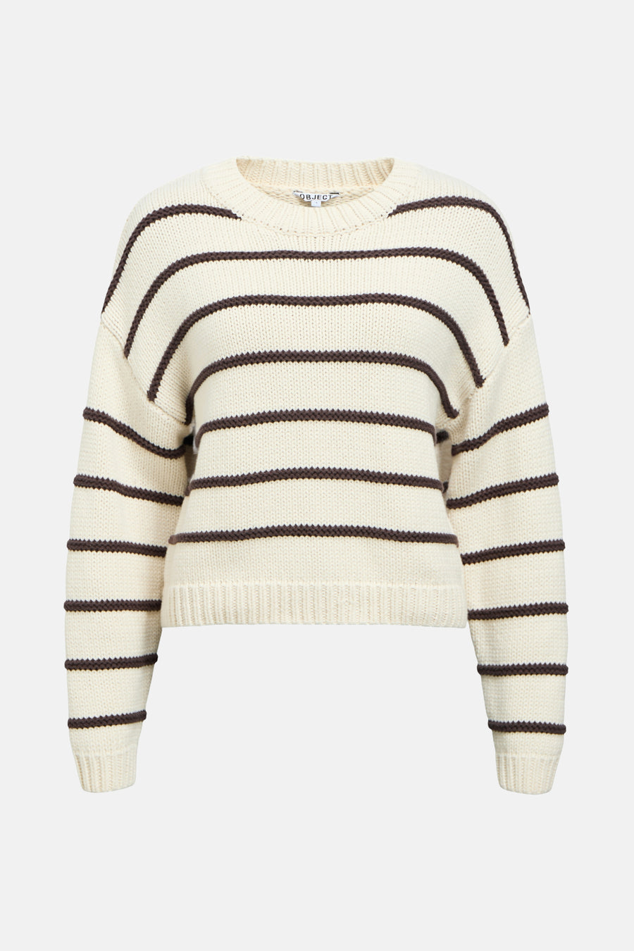 Sweat-shirt écru avec col rond d'OBJECT, avec des rayures brunes et des manches longues.