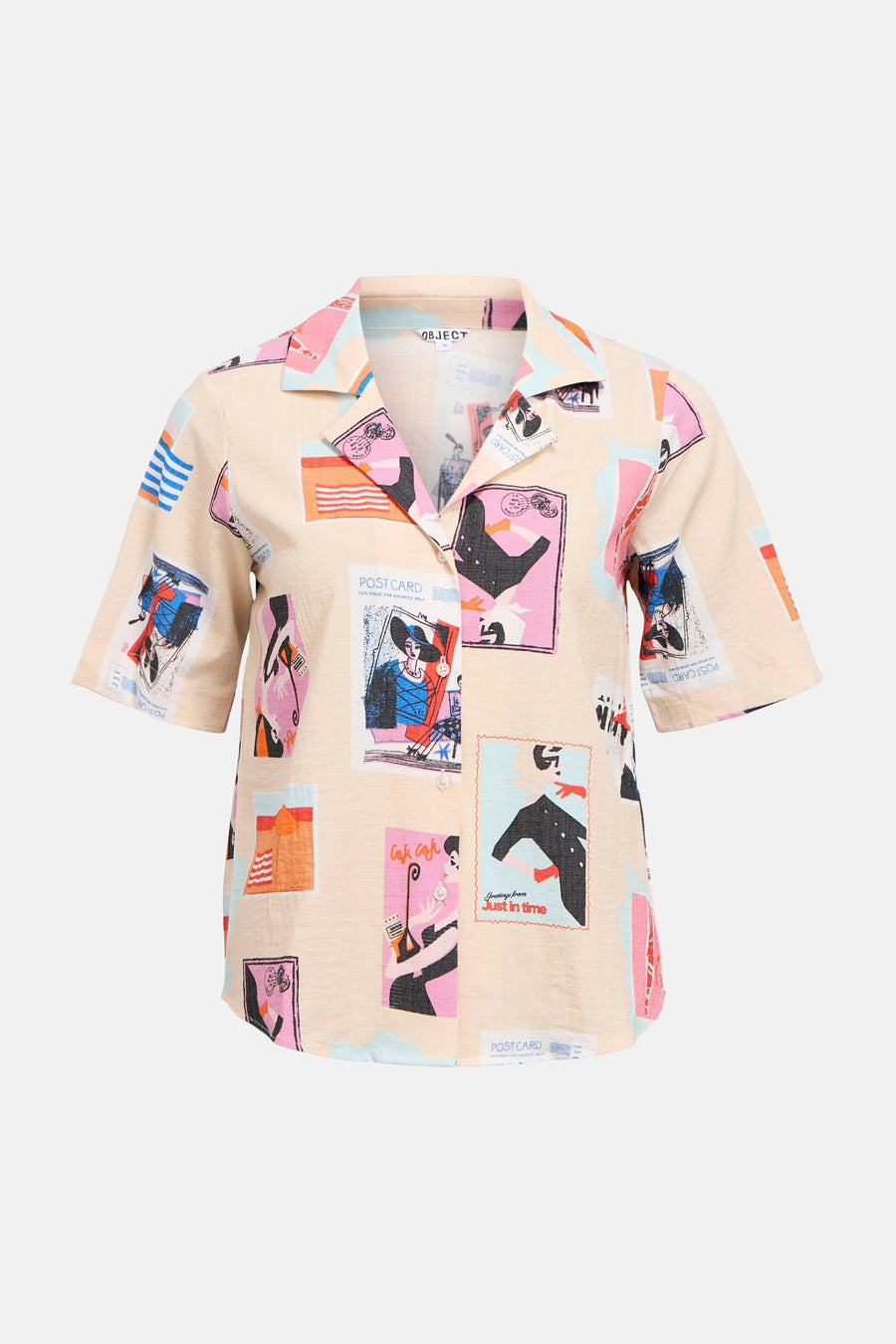 Chemise multicolore à manches courtes d'OBJECT, avec un motif accrocheur de cartes postales vintage.