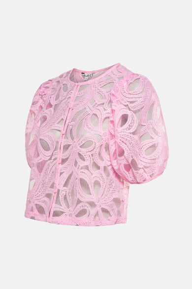 Roze blouse met korte mouwen van OBJECT, met kanten details en knoopsluiting.