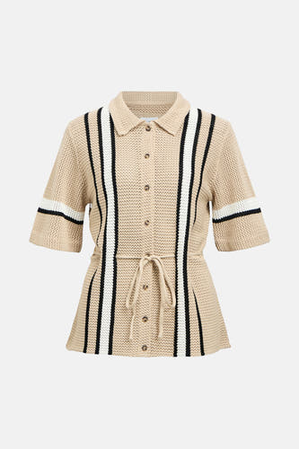 Beige gehaakt hemd met korte mouwen van OBJECT, met verticale zwarte en witte strepen en een ceintuur.