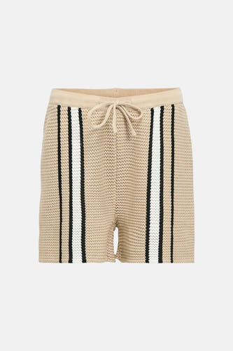 Beige short van OBJECT, gebreid met verticale zwarte, witte en donkergroene strepen en een trekkoord in de taille.