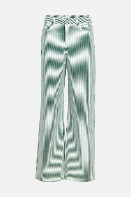 Groene dames seizoensbroek 5-pocket van OBJECT, met verticale strepen en wijde pijpen.
