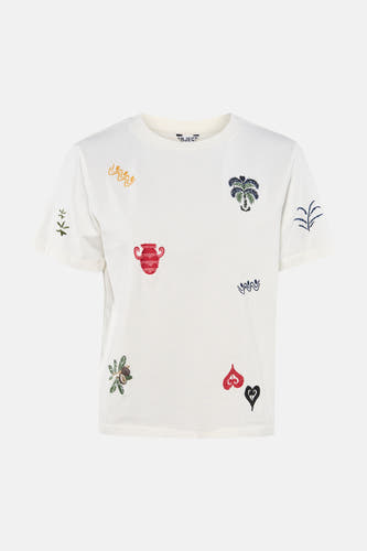 Crèmekleurig T-shirt van OBJECT met geborduurde veelkleurige symbolen zoals een palmboom, vaas en harten.
