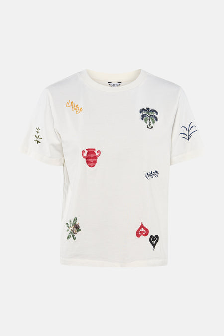 T-shirt de couleur crème de OBJECT avec des symboles multicolores brodés tels qu'un palmier, un vase et des cœurs.