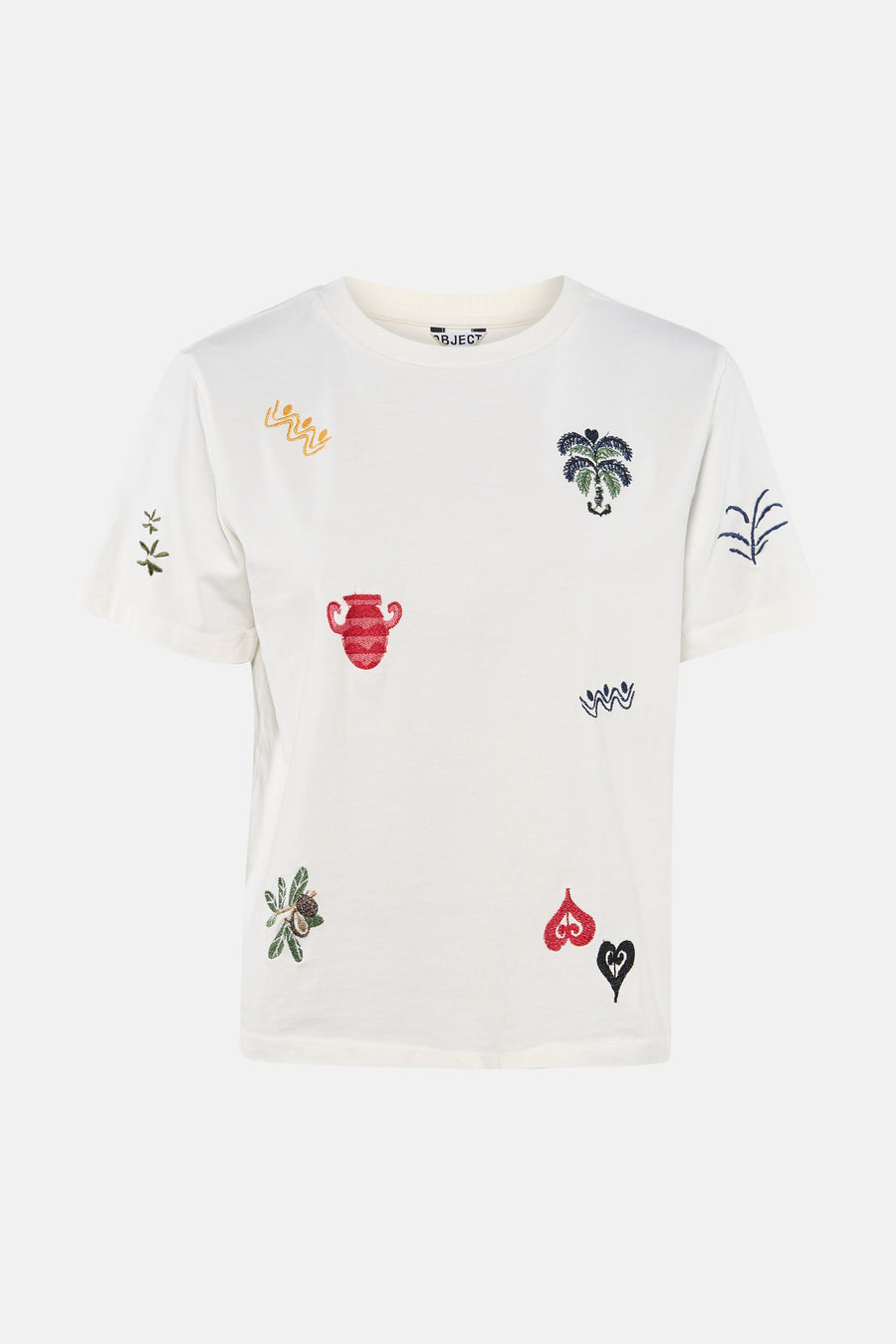 Crèmekleurig T-shirt van OBJECT met geborduurde veelkleurige symbolen zoals een palmboom, vaas en harten.