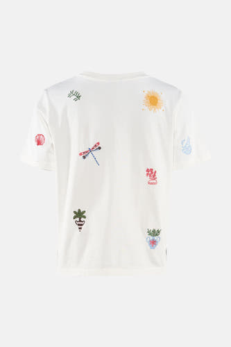 Multicolor T-shirt van OBJECT in wit met geborduurde zon, libelle, schelp en plantmotieven op de achterkant.