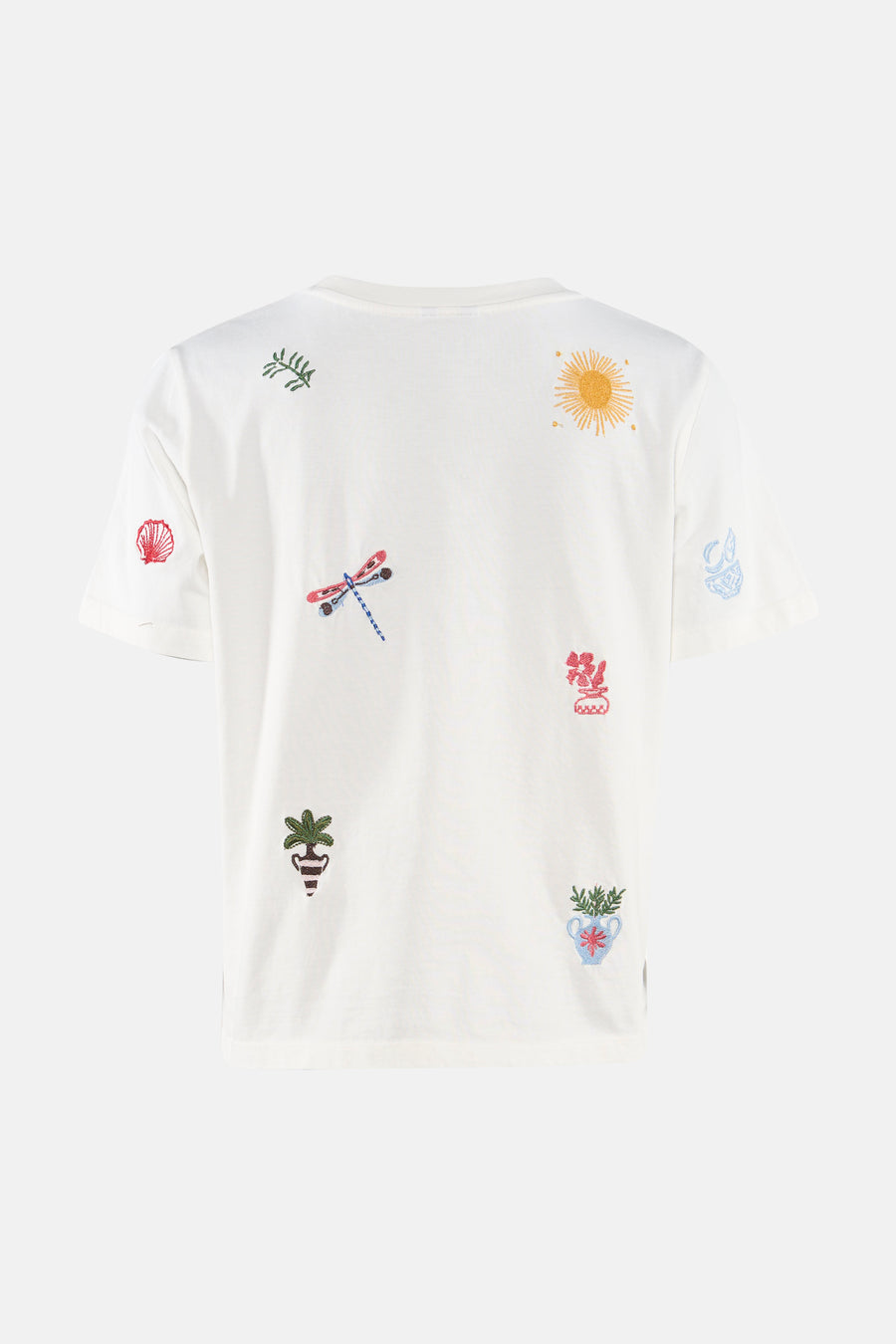 Multicolor T-shirt van OBJECT in wit met geborduurde zon, libelle, schelp en plantmotieven op de achterkant.