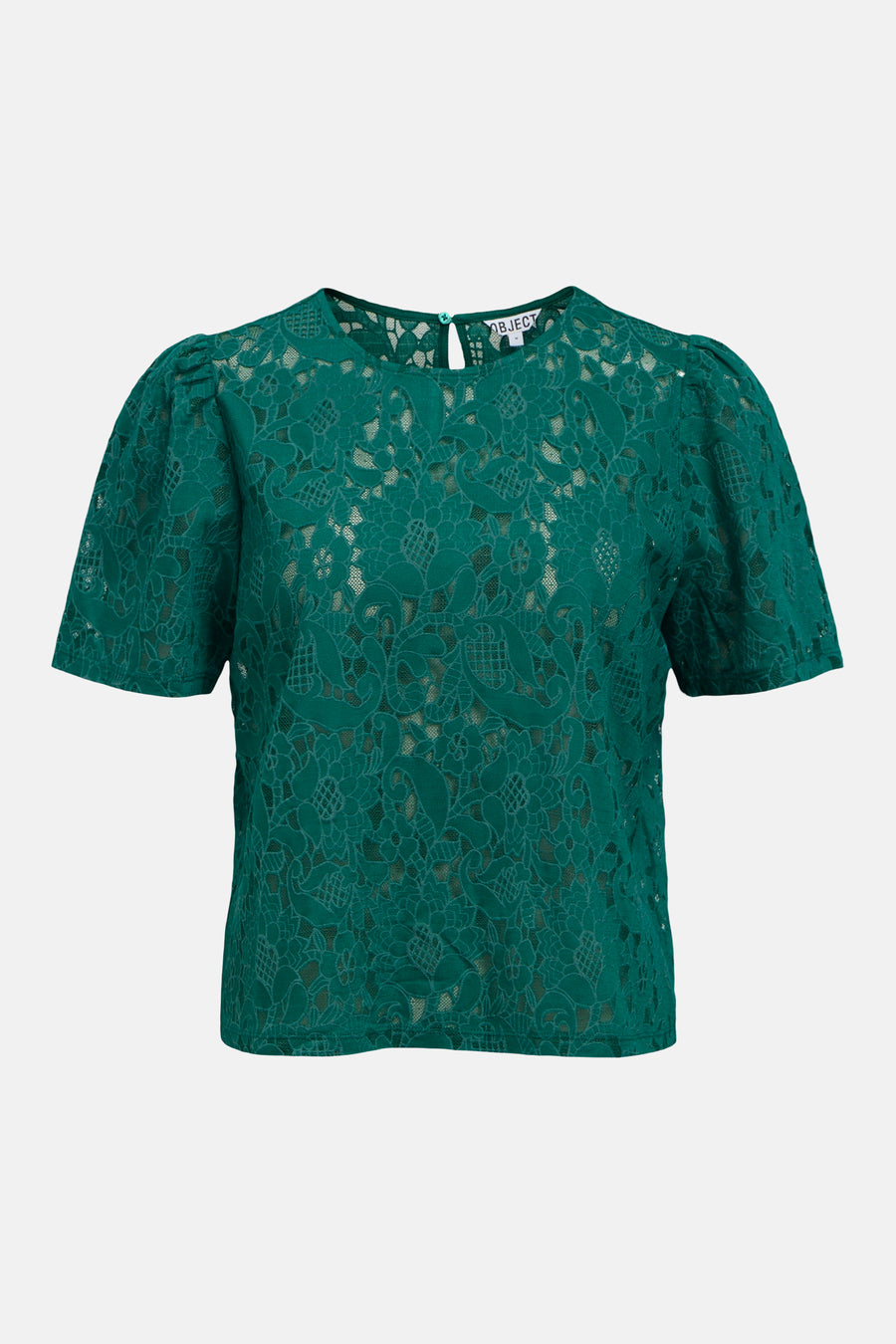 Haut verte à manches courtes de OBJECT, avec un motif en dentelle florale, un col rond et des manches bouffantes.
