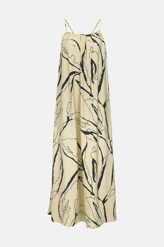 Mouwloos kleedje beige van OBJECT met zwarte abstracte print, spaghettibandjes en relaxte pasvorm.