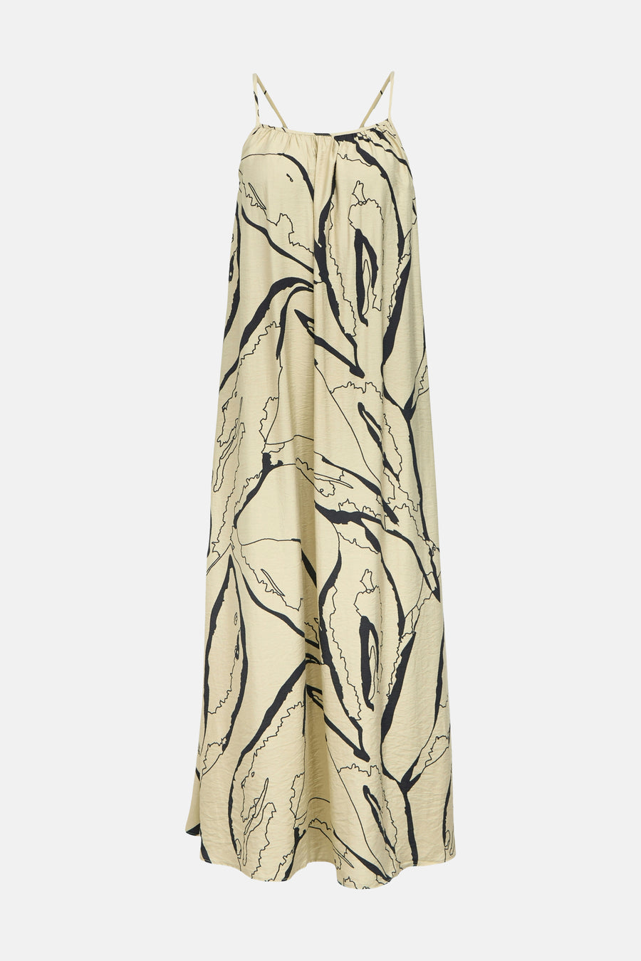 Mouwloos kleedje beige van OBJECT met zwarte abstracte print, spaghettibandjes en relaxte pasvorm.