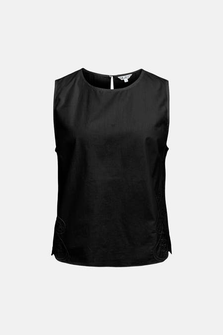 Zwarte mouwloze blouse van OBJECT met ronde hals met rugknoopje en decoratieve borduursels aan de zijkanten.