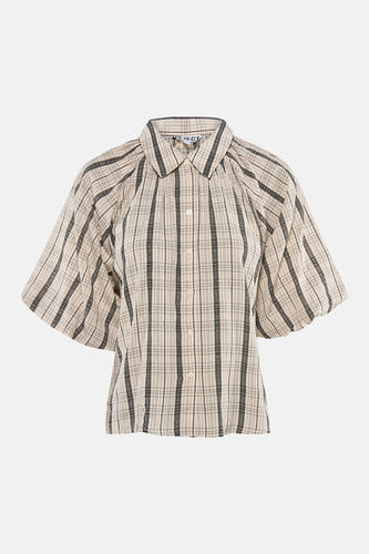 Beige geruite blouse met kraag en korte mouwen van OBJECT, met donkere verticale strepen, gepofte mouwen en knoopsluiting.