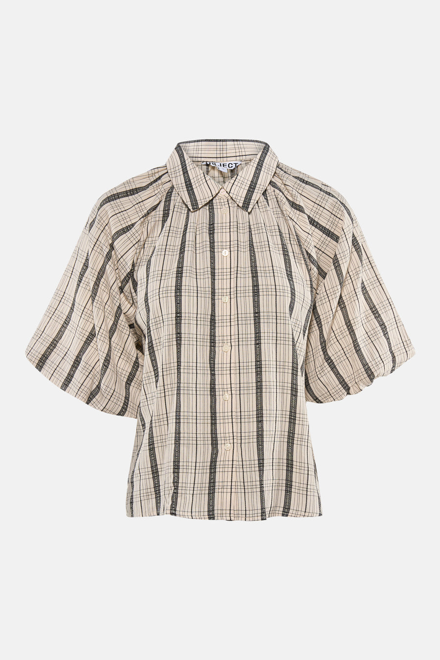 Beige geruite blouse met kraag en korte mouwen van OBJECT, met donkere verticale strepen, gepofte mouwen en knoopsluiting.