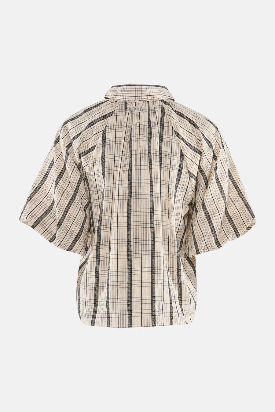 Beige geruite blouse met korte mouwen van OBJECT, met zwarte verticale strepen en plooien op de rug, achterkant.