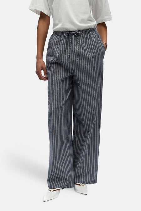 Pantalon bleu d'OBJECT avec rayures verticales et cordon de serrage à la taille.