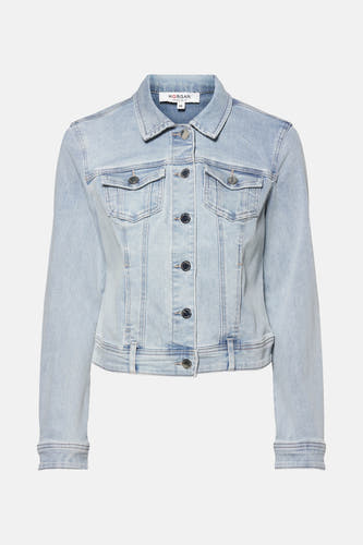 Veste en jeans bleu clair de Morgan De Toi, avec fermeture à boutons, poches poitrine et texture denim légère.