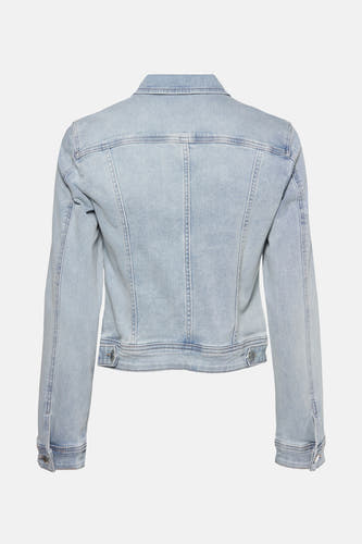 Jean de denim bleu clair de Morgan De Toi, avec le dos visible, des manches longues et des boutons argentés.