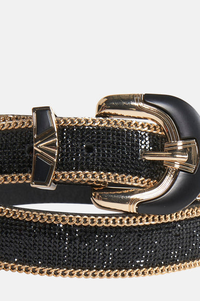 Ceinture noire de Morgan De Toi avec des chaînes dorées et des strass.