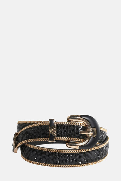 Ceinture noire de Morgan De Toi, ornée de strass scintillants et de détails en chaîne d'or.