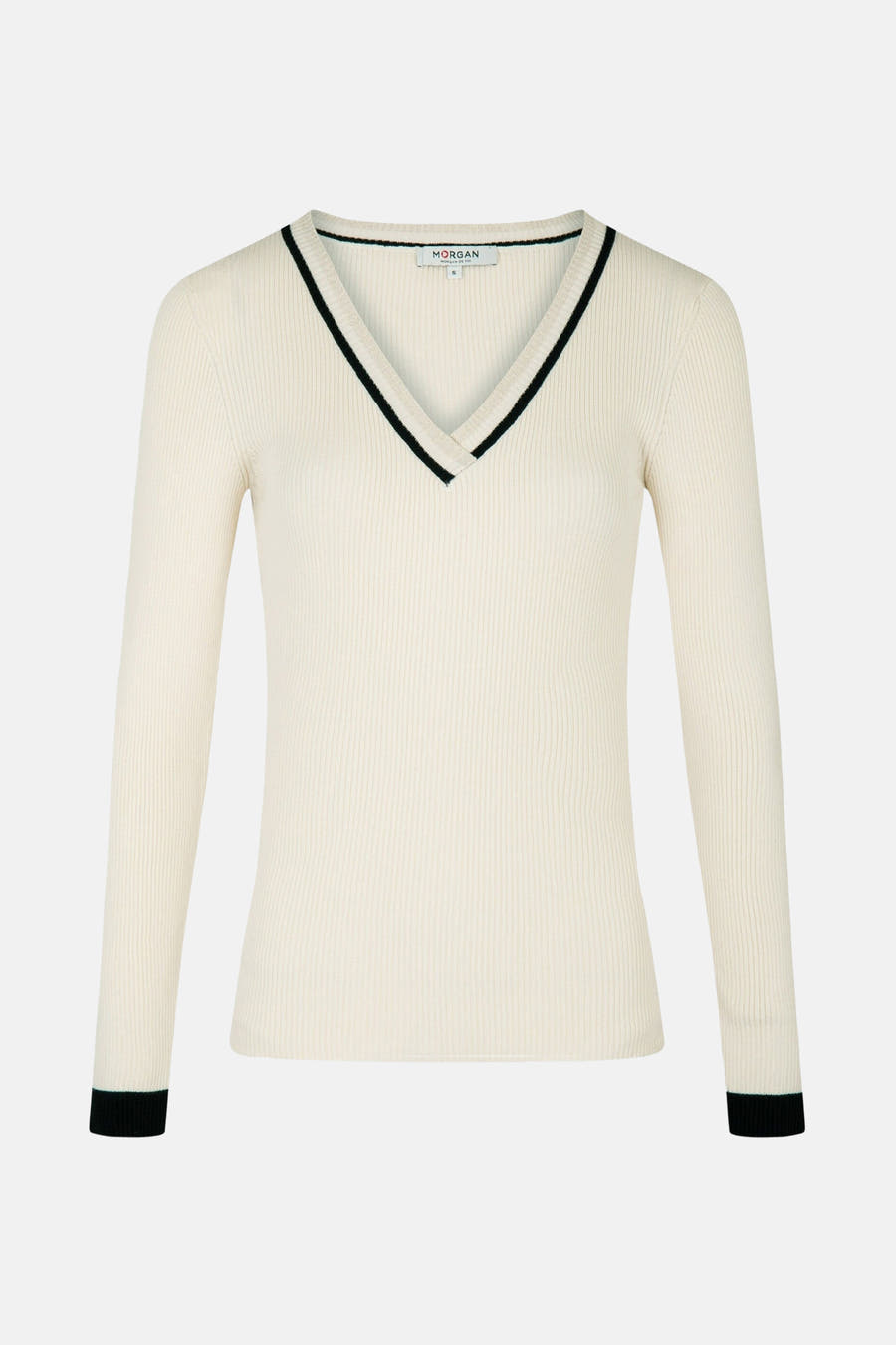 Ecrukleurige trui met V-hals van Morgan de Toi, met ribgebreide textuur en zwarte details aan de hals en manchetten.