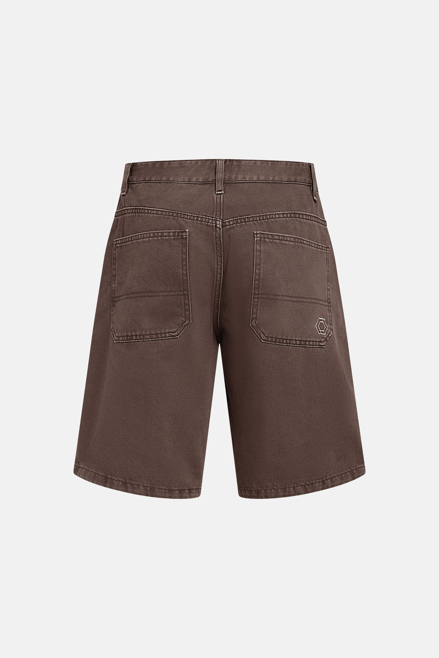 Bruine jeansshort met rechte pasvorm van REDEFINED REBEL, achterzijde met twee zakken en klein hexagon logo op rechterzak