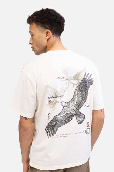 Ecru T-shirt met korte mouwen van REDEFINED REBEL, met grafische vogelprint op de rug.