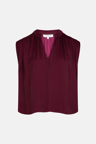 Bordeaux blouse zonder mouwen van Morgan De Toi, met een V-hals en plooien bij de halslijn.