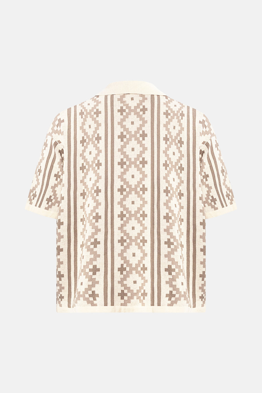 Pull écru de REDEFINED REBEL avec motif géométrique marron, manches courtes et col, dos.