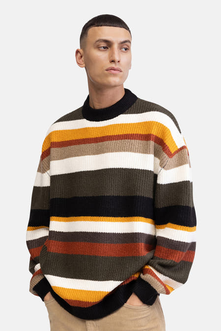 Multikleurige trui met ronde hals van REDEFINED REBEL, met horizontale strepen en een gebreide textuur.
