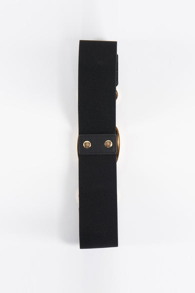 Ceinture noire de Morgan De Toi, avec des détails dorés et une bande élastique sur un fond blanc.