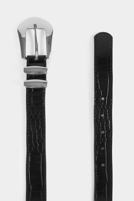 Zwarte riem van Morgan De Toi, met een krokodillenprint en zilverkleurige gesp.
