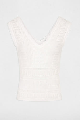 Witte top zonder mouwen van Morgan De Toi, met open gebreid patroon en V-hals.