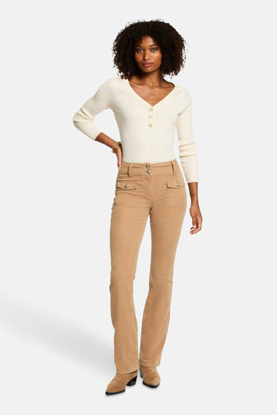 Pantalon brun de Morgan De Toi, avec poches, une fermeture à double bouton et des bottes en suède.