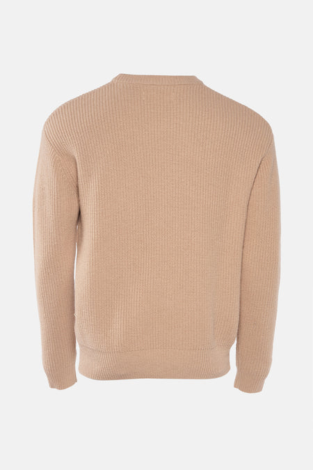 Gilet beige avec col rond de WOODBIRD, à longues manches et détails côtelés.