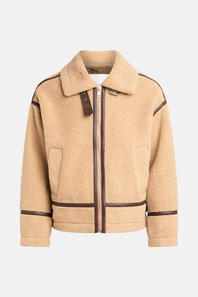 Beige teddy jack met bruine lederen accenten.

