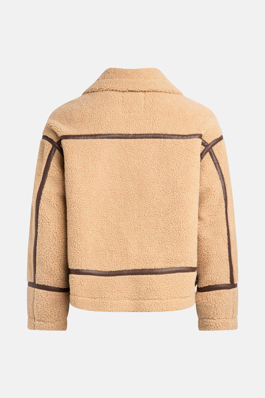 Beige, korte jas van REDEFINED REBEL, met bruine leren accenten, fleece textuur en kraag, gezien van achteren.
