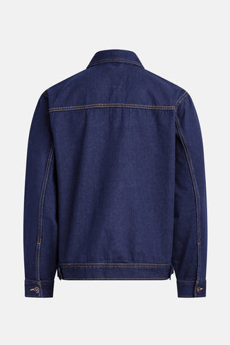 Donkerblauwe jeansjas van REDEFINED REBEL, achteraanzicht, met stiksels in contrasterende kleur.