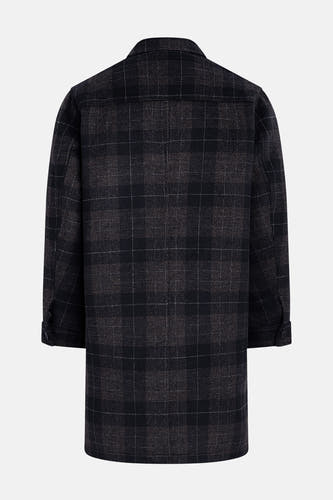 Long manteau noir de REDEFINED REBEL avec motif à carreaux, vu de l'arrière.