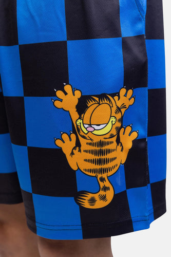 Blauw-zwarte geblokte korte broek met oranje Garfield-afbeelding.