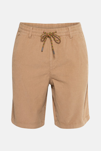 Beige corduroy short van REDEFINED REBEL, met een decoratief trekkoord in geel, rood en zwart.
