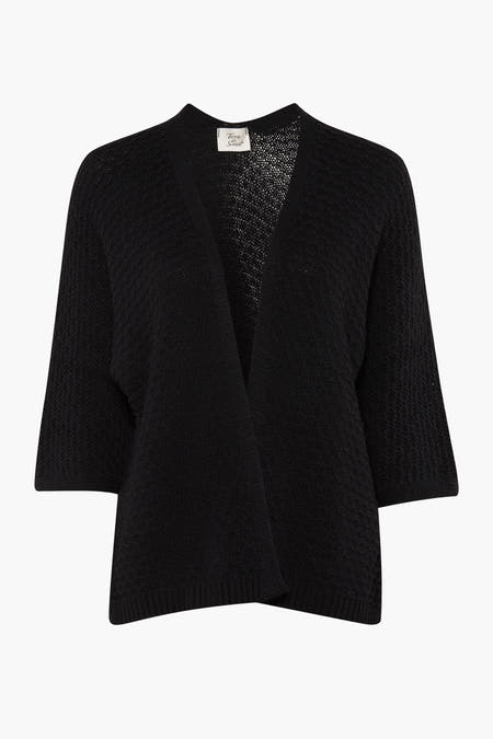 Zwarte cardigan van Terra di Siena met korte mouwen en een gebreide textuur.
