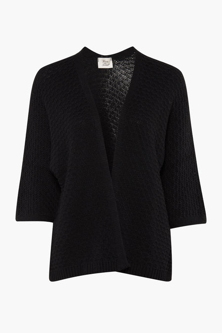 Zwarte cardigan van Terra di Siena met korte mouwen en een gebreide textuur.
