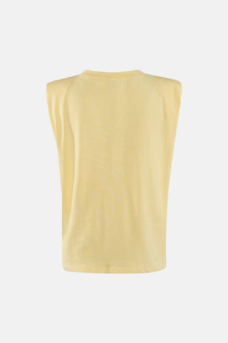 Gele mouwloze T-shirt van Terra di Siena, achterzijde, lichte textuur, minimalistisch design