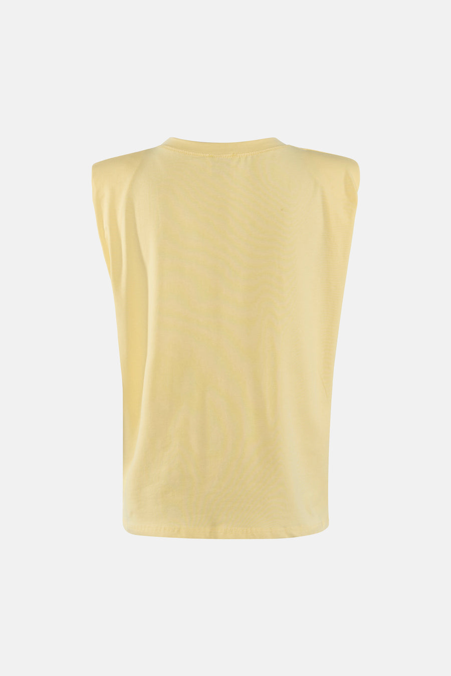 Gele mouwloze T-shirt van Terra di Siena, achterzijde, lichte textuur, minimalistisch design