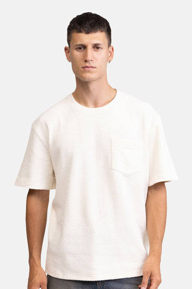 Ecru korte mouwen t-shirt van REDEFINED REBEL met borstzakje, gebreide textuur, front view