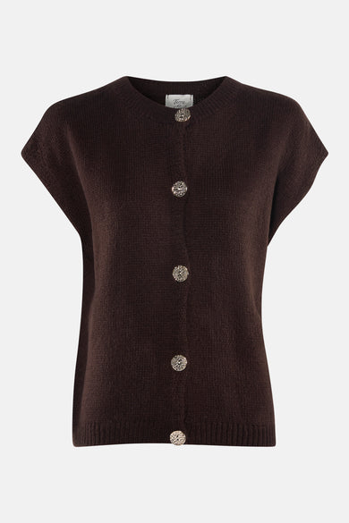 Veste brune de Terra di Siena, texture tissée et design sans manches.