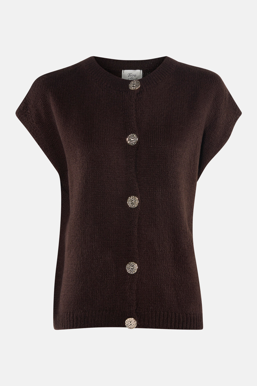 Veste brune de Terra di Siena, texture tissée et design sans manches.