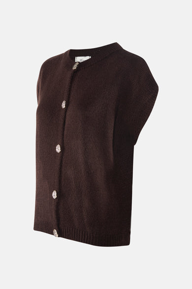 Veste brune de terre de Sienne, avec des manches courtes et des boutons décoratifs.