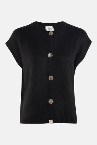 Zwart vest van Terra di Siena met korte mouwen en decoratieve, zilverkleurige knopen.