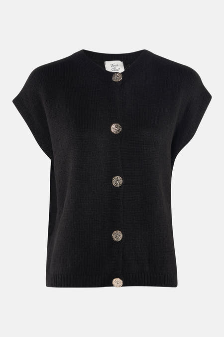 Zwart vest van Terra di Siena met korte mouwen en decoratieve, zilverkleurige knopen.